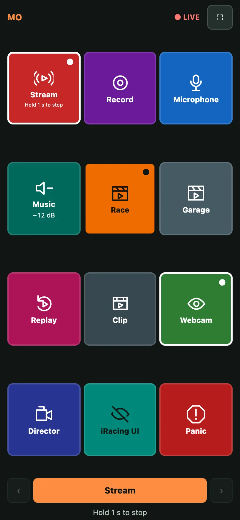 Button deck on a phone with sample stream, scene and replay buttons