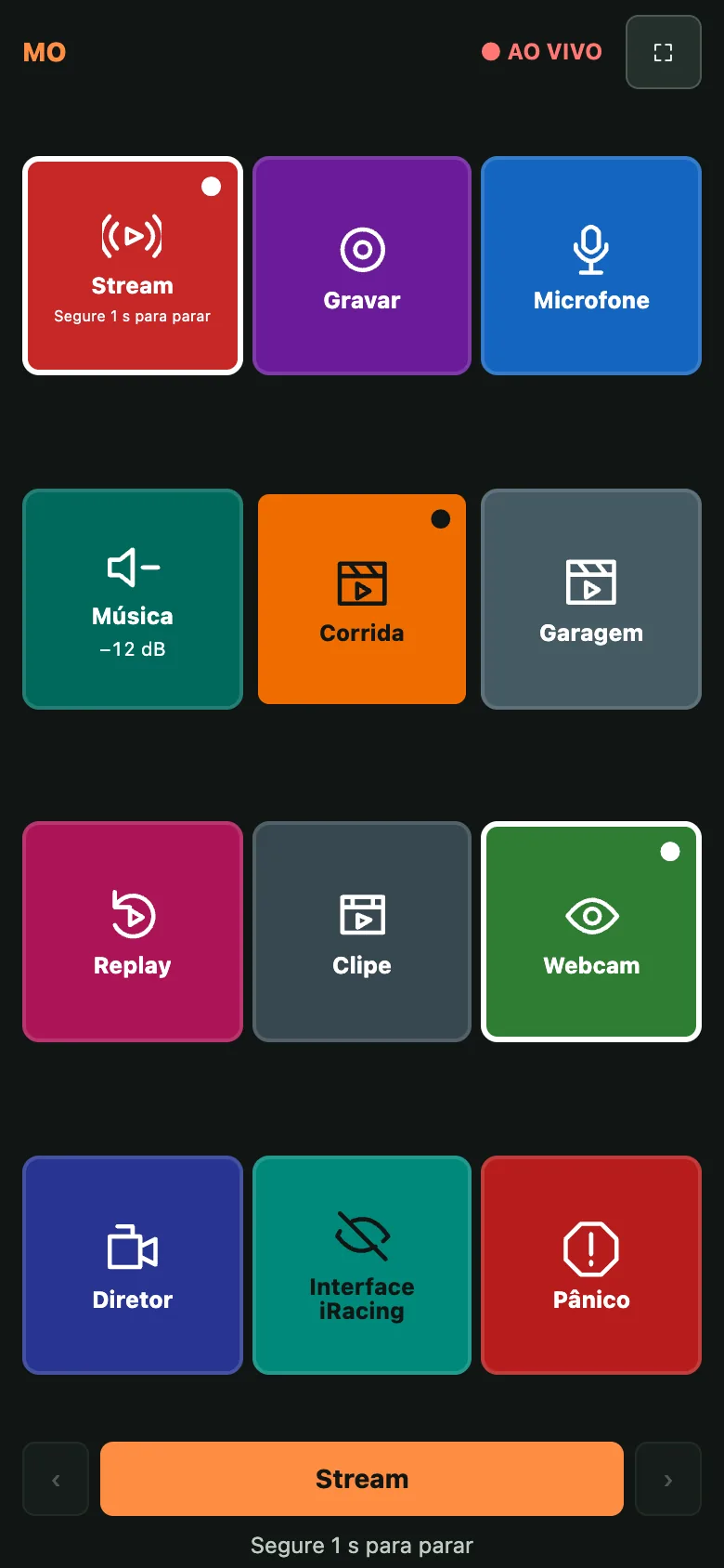 Botoeira em um celular com botões de exemplo de stream, cenas e replay
