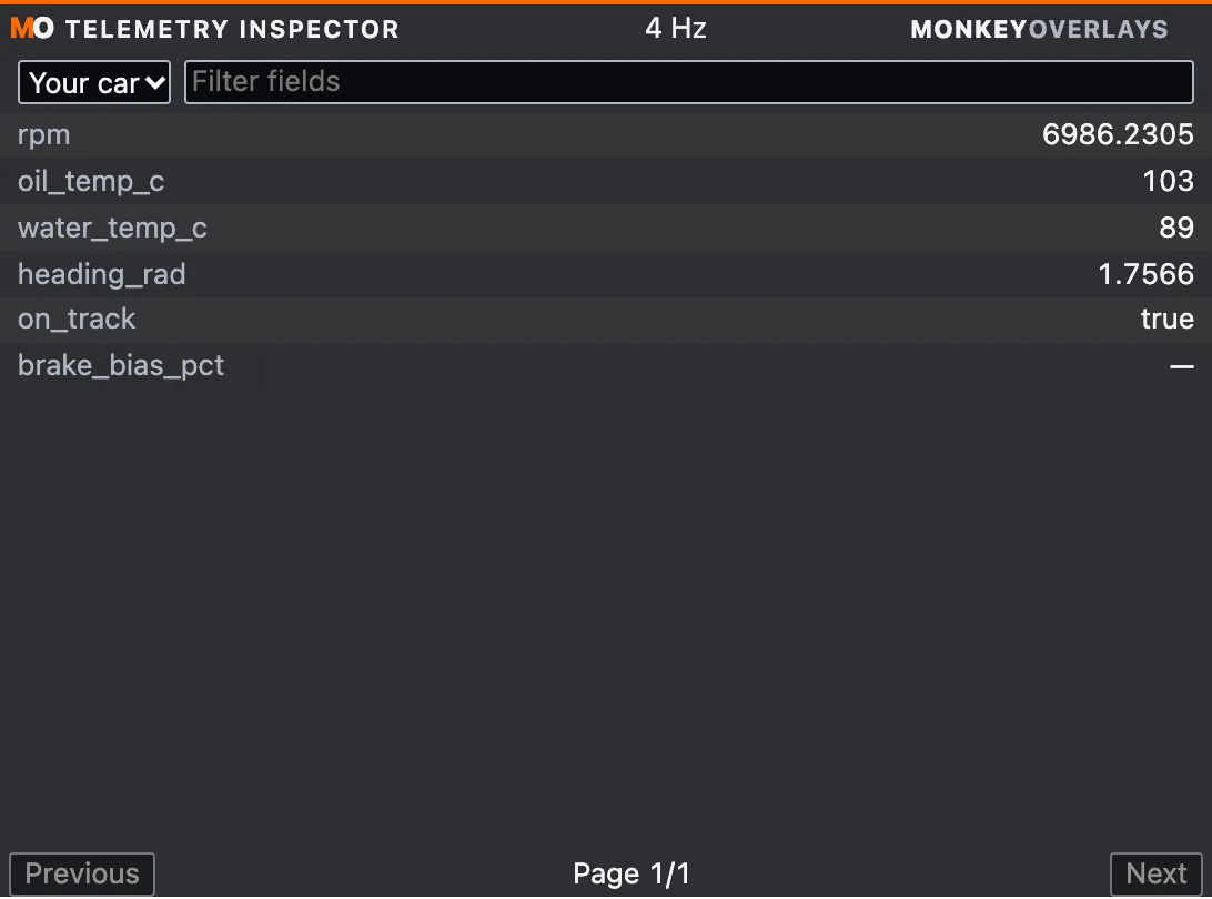 Telemetry inspector with sample data
