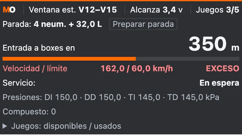 Asistente de boxes con datos de ejemplo